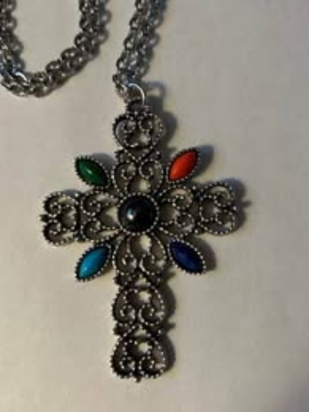 Vintage 1972 Avon Romanesque cross filigree necklace multi color faux gemstones